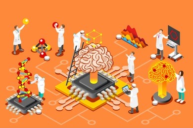 brain with chip, artificial intelligence and human science research. isometric images can use for web banner, infographics, hero images. flat isometric vector illustration.