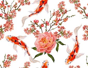 seamless vector floral pattern background with hand drawn koi fish, tropical japanese flowers, peony flowers, sakura branches. perfect for wallpapers, web page backgrounds, surface textures, textile.