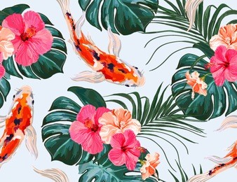 beautiful seamless vector floral summer pattern background with tropical palm leaves, koi fish, hibiscus. perfect for wallpapers, web page backgrounds, surface textures, textile.