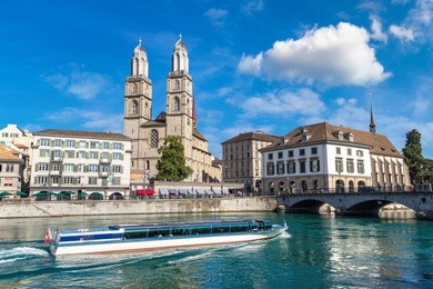 famous grossmunster church in zurich in a beautiful summer day, switzerland