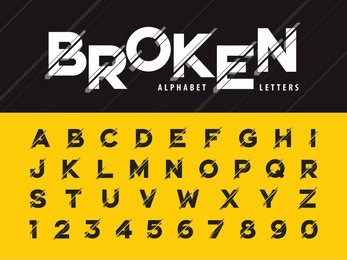 vector of glitch modern alphabet letters and numbers, grunge linear stylized rounded fonts, minimal letters set for futuristic, broken, universal, branding & identity