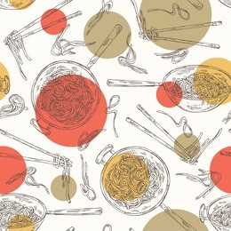 seamless pattern with wok: chinese noodles, wok with noodles and chopsticks with noodles. vector hand drawn illustration
