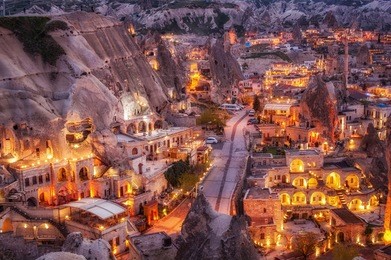 night view of goreme, cappadocia, turkey. a world-famous tourist center of balloon flight