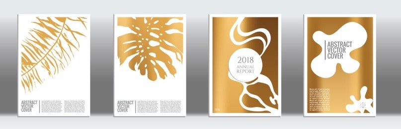 golden cover set. exotic flyer on light background.  liquid design. brochure template design. golden backdrop. stylish vector cover design.  abstract gradient retro texture.