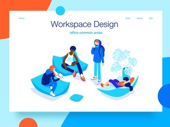 people resting and communicating in a common area. open workspace and coworking. landing page concept.3d isometric vector illustration.
