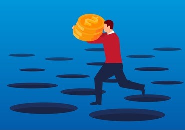 businessman holding gold coins walking between traps