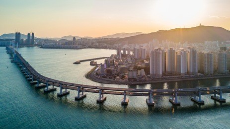 aerial view busan gwangandaegyo bridge or gwangan bridge and busan city skyline, haeundae district, gwangalli beach, busan, south korea.