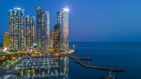 aerial view busan city skyline view at haeundae beach, haeundae, busan, south korea.