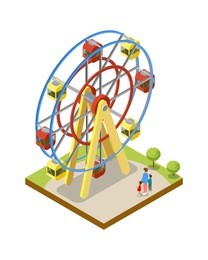 ferris wheel isometric 3d element. amusement park architecture and entertainment, family rest vector illustration.