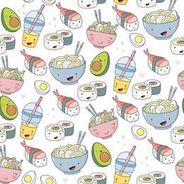 cartoon asiatic food in kawaii style. seamless pattern