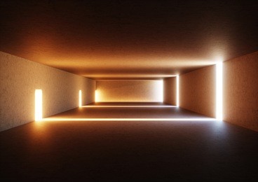 3d render of wide abstract illuminated empty corridor interior made of gray concrete, glowing lines with shadow, daylight tunnel with no exit, orange light rays, minimalistic space