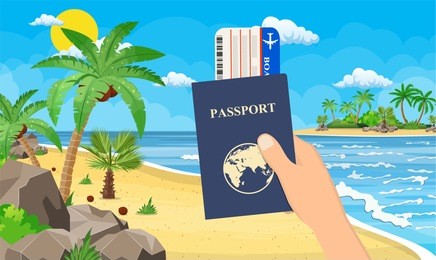 passport and airplane ticket in hand. landscape of palm tree on beach. day in tropical place. vacation and holidays. illustration in flat style raster version.