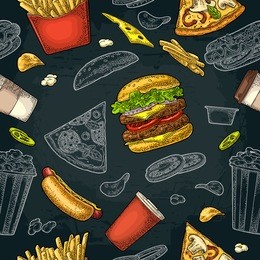 seamless pattern fast food. cup cola, coffee, chips, hamburger, pizza, hotdog, fry potato paper box, carton bucket popcorn. vector vintage color engraving illustration isolated on dark background