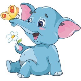 vector illustration - little cartoon elephant calf with a flower and butterfly isolated on white background