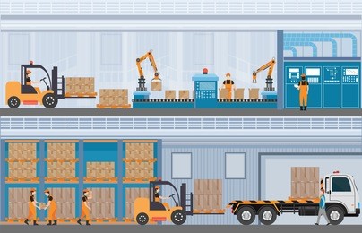 manufacturing warehouse conveyor, modern assembly production line industrial,warehouse, freight transportation and professional workers, smart factory in flat vector illustration.