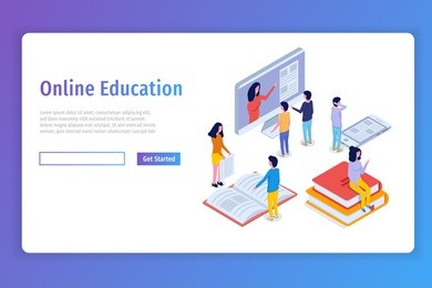 online education, e-learning isometric concept,  training courses. 3d isometric people. vector illustration.