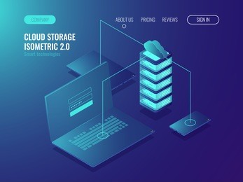 web hosting solution, cloud server data storage, data transfer and data transmission technology isomeric vector illustration