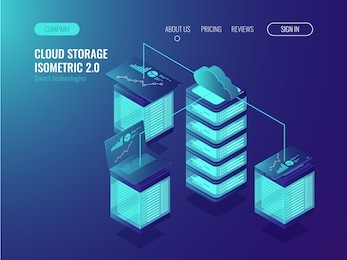 cloud storage data, crm system access and device synchronization, server conncetion, statistic and analysis charts isometric vector