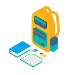 isometric 3d school supplies set with book, notebook, pen, backpack,  eraser, highlighter. vector back to school background with stationery. office accessories. 