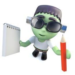 3d render of a funny cartoon frankenstein monster character holding a pencil and notepad