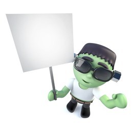 3d render of a funny cartoon frankenstein monster character holding a placard