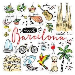 barcelona cute icons set. visit spain and catalonia hand drawn illustrations. travel drawings for barcelona city