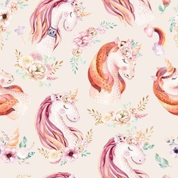 cute watercolor unicorn seamless pattern with flowers. nursery magical unicorn patterns. princess rainbow texture. trendy pink cartoon pony horse.