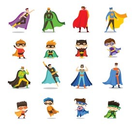 vector illustrations in flat design of  men and boys superheroes in funny comics costumes