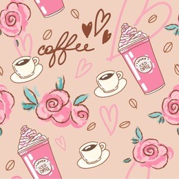 vector set collection design hand drawn cute seamless pattern with coffee and flowers