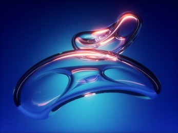 3d render, abstract blue background, water drop, air bubble, twisted glass shape, microbiology, cell, loop, highlight reflection, isolated design element