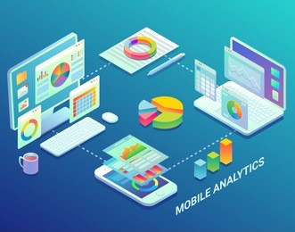 mobile web analytics infographic design template. vector flat isometric mobile analytics process flowchart of monitoring and collecting the data via desktop computer, laptop and smartphone.