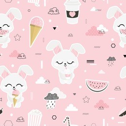 modern vector seamless pattern with cute rabbits.  all elements  are  hidden under mask. pattern are not cropped and can be edited. bunny 