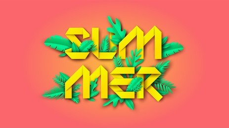 summer typography design with paper cut design and tropical leaves is an element on colorful background. paper cut and craft style. vector, illustration.