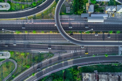 top view, aerial photos, traffic on highway with cars.