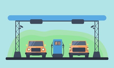 the process of refueling vehicle. gas station with orange car. pick up and suv. vector flat illustration.