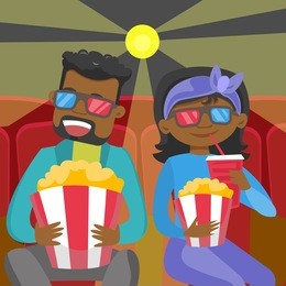 african-american friends watching three d movie. young couple in 3d glasses watching movie and eating popcorn in the cinema. vector cartoon illustration. square layout.