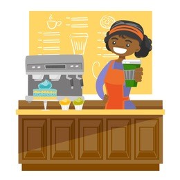 young african-american friendly barista standing behind the counter with coffee-machine and making a cup of coffee. vector cartoon illustration isolated on white background. square layout.