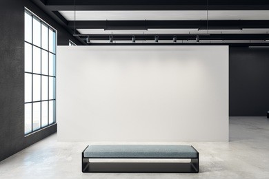 contemporary exhibition hall with blank poster and bench. window with city view. gallery, art, exhibit and museum concept. mock up, 3d rendering