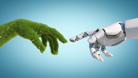 nature and technology abstract concept, robot hand and natural hand covered with grass reaching to each other, tech and nature union, cooperation, 3d rendering