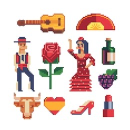 spain traditional elements pixel art 80s style icons part 3, guitar, flamenco dancer man and woman character in national dress isolated vector illustration. 8-bit. design stickers, logo, app.