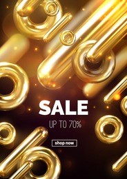 sale banner design. vector 3d illustration of promotional ad poster. abstract modern background with golden geometric shapes and sparkles. flowinf dynamic percent signs. wholesale or discount offer.