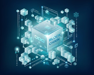 blockchain vector illustration with connected cube block link to chain background, financial technology, proof of work, cloud computing, distribution, ledger, node, mining pool and transaction icon.
