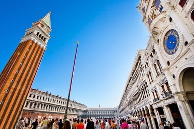 wide angle view of famous piazza san marco in venice, italy