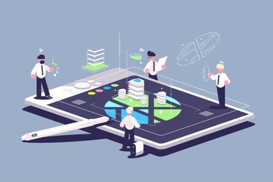 create graphic design building using tablet. creation team. vector illustration