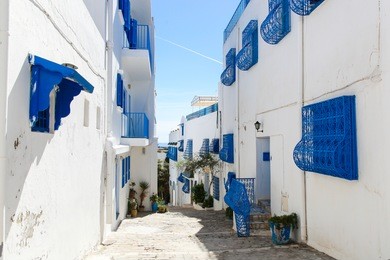 sidi bou said in tunisia, streets and buildings near town center