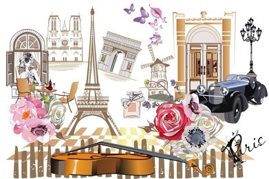 set of paris illustrations with fashion girls, cafes and musicians. vector illustration.