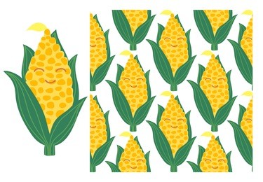 vector set of corn cobs and seamless pattern isolated on white background.