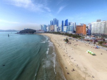 the great full moon house at haeundae beach , busan, south korea, asia when mar-03-2018