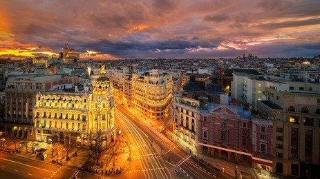 panorama top view of gran via, main shopping street in madrid from roof top bar, capital of spain, europe.