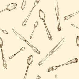 spoon, fork and knife kitchen stuff silverware vintage hand drawn ink doodle sketch seamless pattern